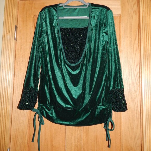 Women's Size XL Emerald Green Velvet & Sequin Holiday Christmas Blouse Shirt - Picture 1 of 2